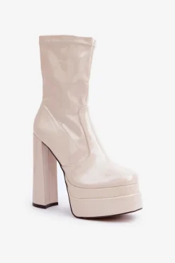 Sale Boto Lakierowane Botki Na Platformie I Wysokim Słupku Beżowe Lotisha Beżowy