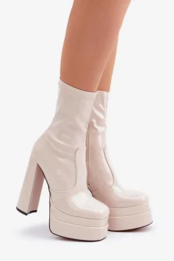 Sale Boto Lakierowane Botki Na Platformie I Wysokim Słupku Beżowe Lotisha Beżowy