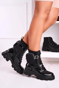 Damskie Boto Lakierowane Botki Na Platformie Z Nerką Czarne Army