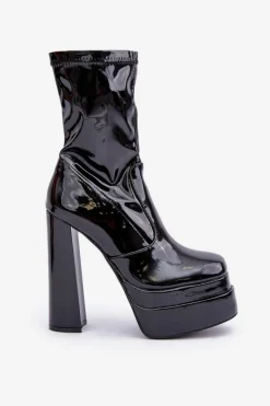 Boto Botki Ocieplane|Botki Na Słupku*Lakierowane Botki Na Platformie I Wysokim Słupku Czarne Lotisha Czarny