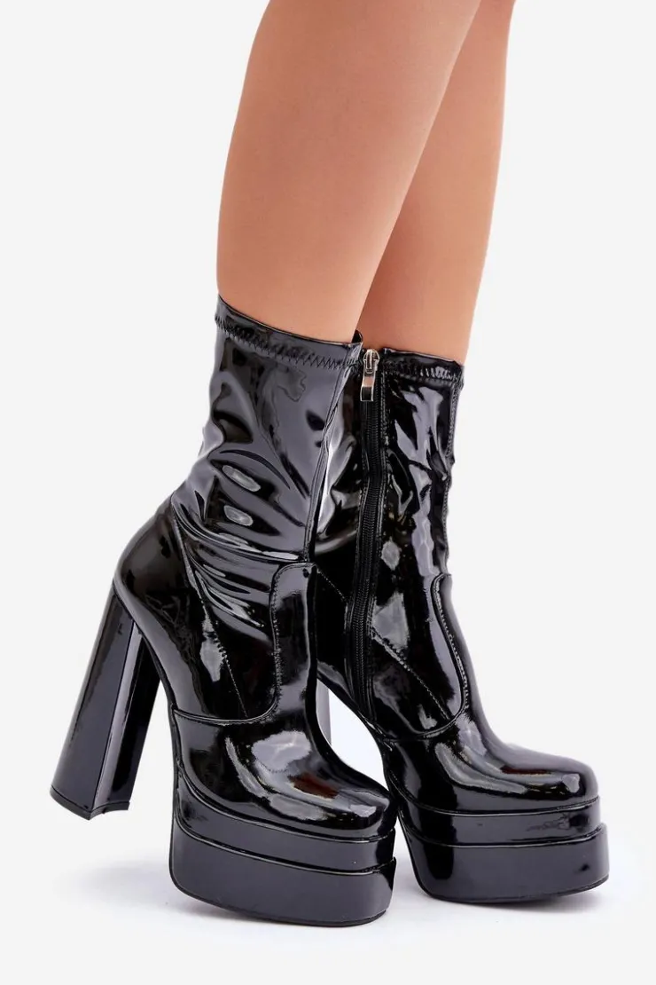 Boto Botki Ocieplane|Botki Na Słupku*Lakierowane Botki Na Platformie I Wysokim Słupku Czarne Lotisha Czarny
