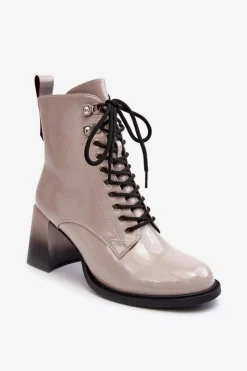 Damskie Damskie buty S.Barski Lakierowane Botki Na Słupku Sznurowane D&A MR870-06 Jasnoszare