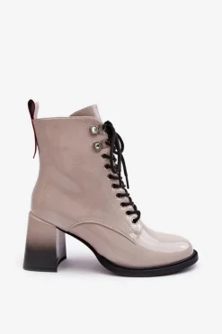 Damskie Damskie buty S.Barski Lakierowane Botki Na Słupku Sznurowane D&A MR870-06 Jasnoszare