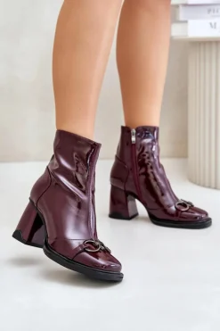 Damskie buty S.Barski Botki Na Obcasie*Lakierowane Botki Na Słupku Ocieplane Z Ozdobą D&A MR880-021 Bordowe