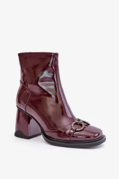 Damskie buty S.Barski Botki Na Obcasie*Lakierowane Botki Na Słupku Ocieplane Z Ozdobą D&A MR880-021 Bordowe