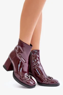 Damskie buty S.Barski Botki Na Obcasie*Lakierowane Botki Na Słupku Ocieplane Z Ozdobą D&A MR880-021 Bordowe