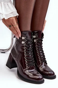 New Damskie buty S.Barski Lakierowane Botki Na Słupku Sznurowane Bordowe S.Barski MR870-06