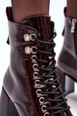 New Damskie buty S.Barski Lakierowane Botki Na Słupku Sznurowane Bordowe S.Barski MR870-06