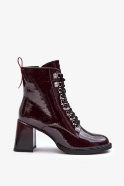 New Damskie buty S.Barski Lakierowane Botki Na Słupku Sznurowane Bordowe S.Barski MR870-06