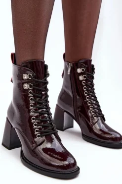 New Damskie buty S.Barski Lakierowane Botki Na Słupku Sznurowane Bordowe S.Barski MR870-06
