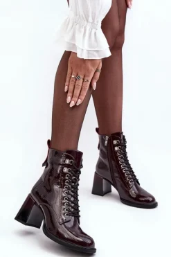 New Damskie buty S.Barski Lakierowane Botki Na Słupku Sznurowane Bordowe S.Barski MR870-06