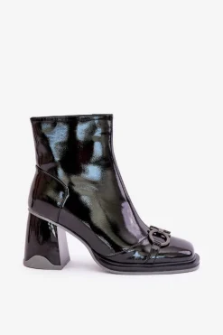 Damskie Damskie buty S.Barski Lakierowane Botki Na Słupku Ocieplane Z Ozdobą D&A MR880-021 Czarne