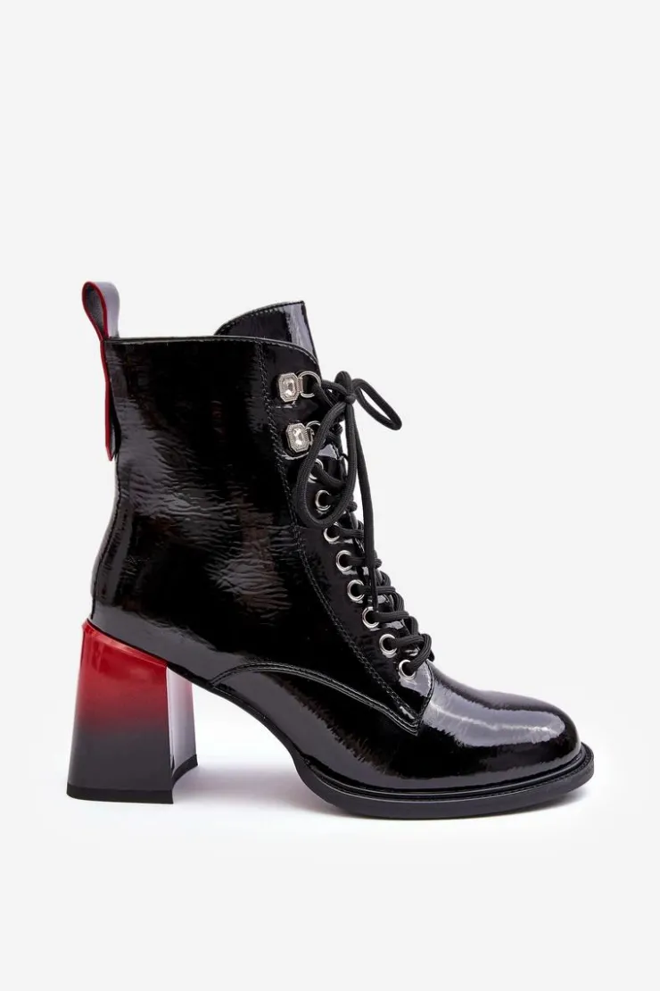 New Damskie buty S.Barski Lakierowane Botki Na Słupku Sznurowane D&A MR870-06 Czarne