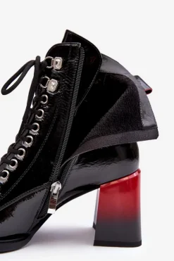 New Damskie buty S.Barski Lakierowane Botki Na Słupku Sznurowane D&A MR870-06 Czarne