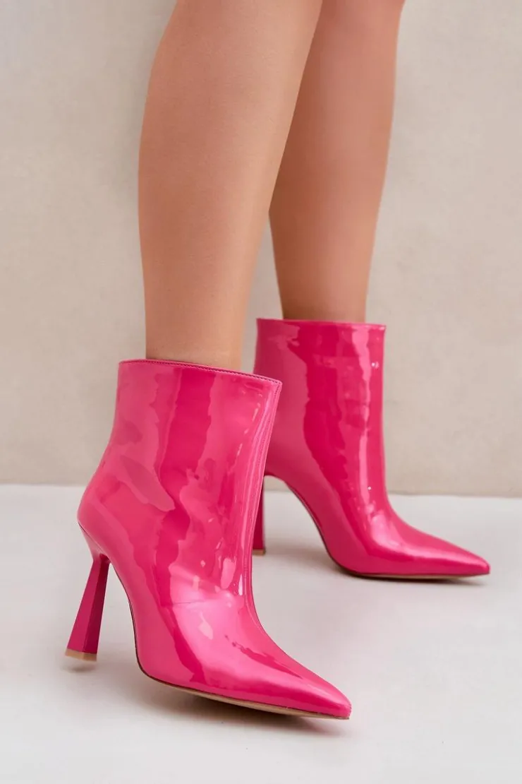 Boto Botki Ocieplane|Botki Na Obcasie*Lakierowane Botki Na Szpice Wsuwane Fuksja Seliri Różowy