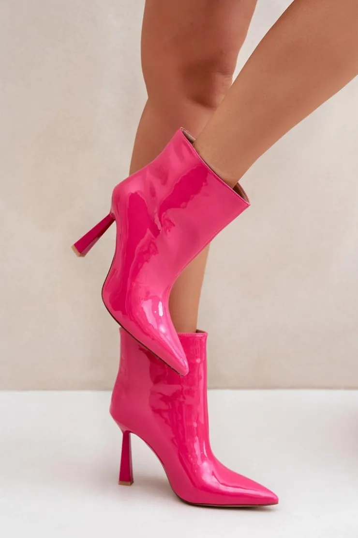 Boto Botki Ocieplane|Botki Na Obcasie*Lakierowane Botki Na Szpice Wsuwane Fuksja Seliri Różowy