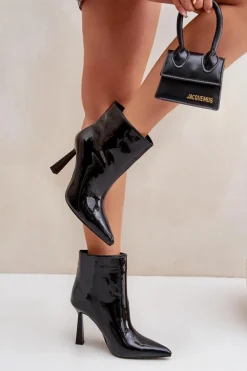 Damskie Boto Lakierowane Botki Na Szpice Wsuwane Czarne Seliri