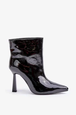 Damskie Boto Lakierowane Botki Na Szpice Wsuwane Czarne Seliri