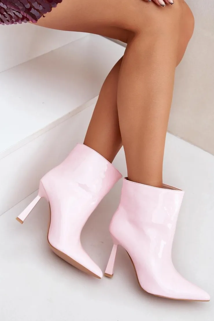 Damskie Boto Lakierowane Botki Na Szpice Wsuwane Jasnoróżowe Seliri