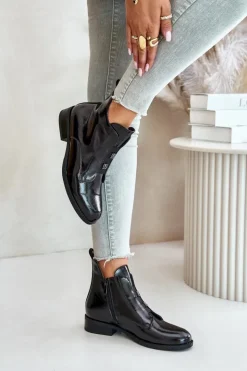 Damskie buty S.Barski Botki Ocieplane|Czarne Botki*Lakierowane Botki Na Zamek Ocieplane Płaski Obcas S.Barski HY42-717 Czarne