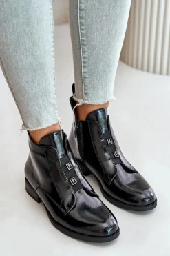 Damskie buty S.Barski Botki Ocieplane|Czarne Botki*Lakierowane Botki Na Zamek Ocieplane Płaski Obcas S.Barski HY42-717 Czarne