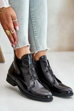 Damskie buty S.Barski Botki Ocieplane|Czarne Botki*Lakierowane Botki Na Zamek Ocieplane Płaski Obcas S.Barski HY42-717 Czarne