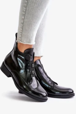 Damskie buty S.Barski Botki Ocieplane|Czarne Botki*Lakierowane Botki Na Zamek Ocieplane Płaski Obcas S.Barski HY42-717 Czarne