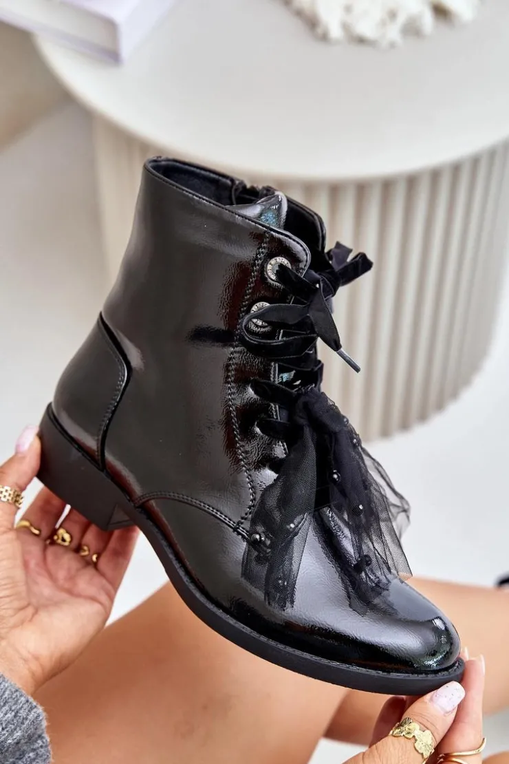 Best Damskie buty S.Barski Lakierowane Botki Ocieplane Na Zamek S.Barski HY42-991 Czarne