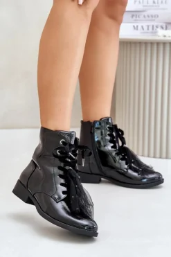 Best Damskie buty S.Barski Lakierowane Botki Ocieplane Na Zamek S.Barski HY42-991 Czarne