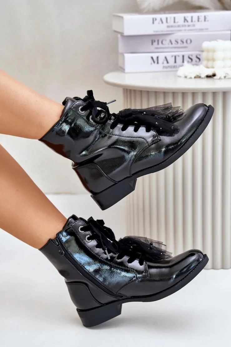 Best Damskie buty S.Barski Lakierowane Botki Ocieplane Na Zamek S.Barski HY42-991 Czarne