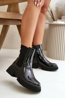 New Boto Lakierowane Botki Sztyblety Na Zamek Ocieplane Czarne Groesta