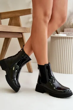 New Boto Lakierowane Botki Sztyblety Na Zamek Ocieplane Czarne Groesta