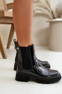 New Boto Lakierowane Botki Sztyblety Na Zamek Ocieplane Czarne Groesta