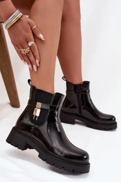 Boto Botki Ocieplane|Czarne Botki*Lakierowane Botki Sztyblety Ocieplane Ze Złotym Detalem Czarne Talyra