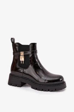 Boto Botki Ocieplane|Czarne Botki*Lakierowane Botki Sztyblety Ocieplane Ze Złotym Detalem Czarne Talyra