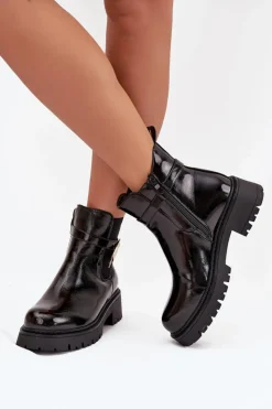 Boto Botki Ocieplane|Czarne Botki*Lakierowane Botki Sztyblety Ocieplane Ze Złotym Detalem Czarne Talyra