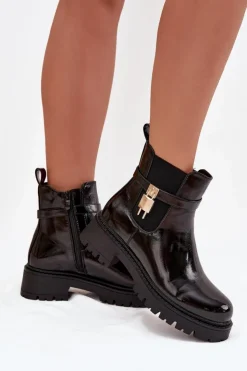 Boto Botki Ocieplane|Czarne Botki*Lakierowane Botki Sztyblety Ocieplane Ze Złotym Detalem Czarne Talyra