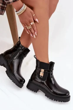 Boto Botki Ocieplane|Czarne Botki*Lakierowane Botki Sztyblety Ocieplane Ze Złotym Detalem Czarne Talyra