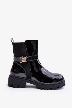 Boto Czarne Botki|Botki Płaskie*Lakierowane Botki Sztyblety Damskie Czarne Elspetia