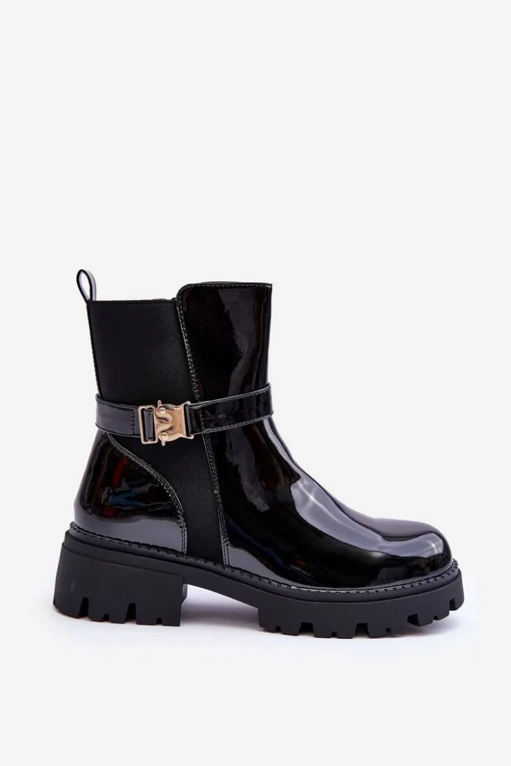 Boto Czarne Botki|Botki Płaskie*Lakierowane Botki Sztyblety Damskie Czarne Elspetia