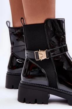 Boto Czarne Botki|Botki Płaskie*Lakierowane Botki Sztyblety Damskie Czarne Elspetia