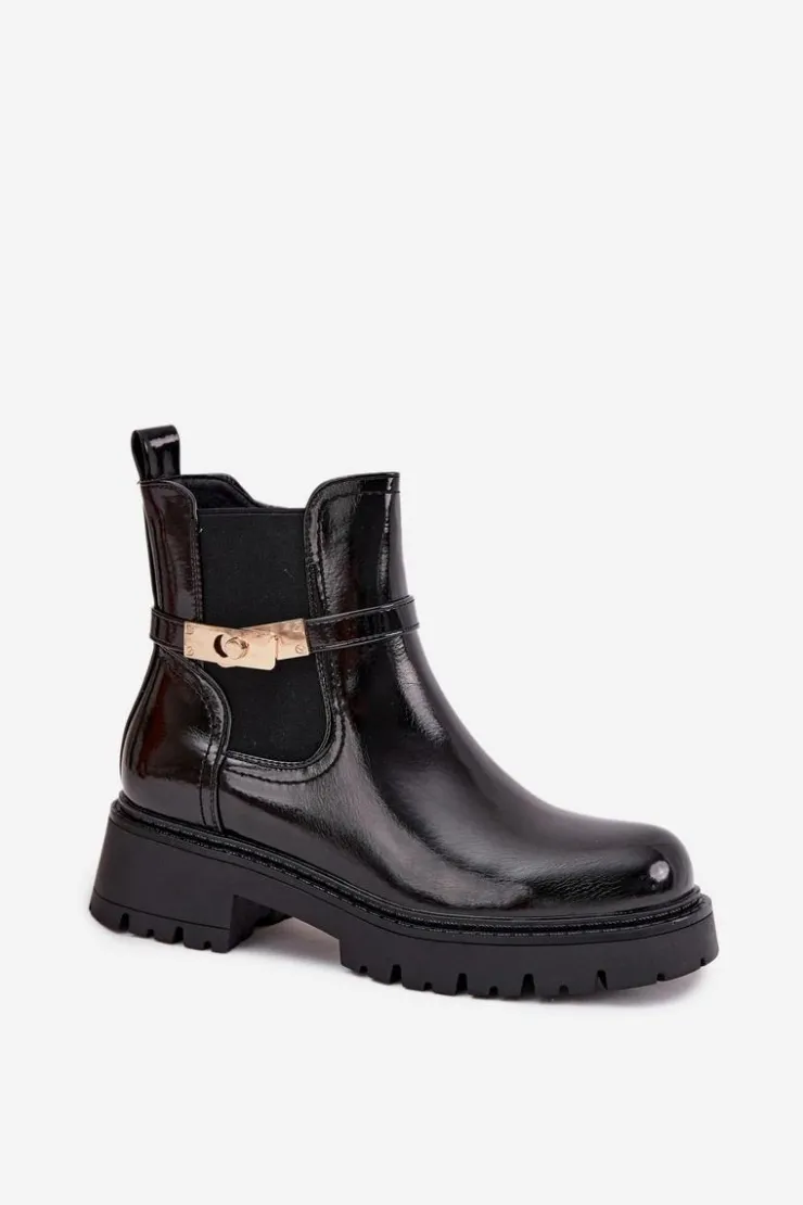 Sale Boto Lakierowane Botki Sztyblety Ocieplane Z Ozdobnym Paskiem Czarne Vivessa