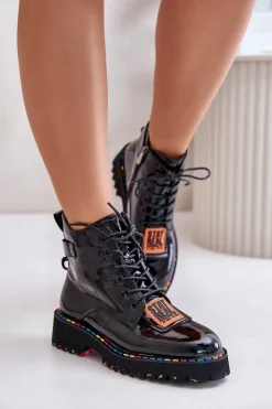 Damskie Artiker Lakierowane Botki Trapery Damskie Na Zamek Skórzane 55C0517 Czarne