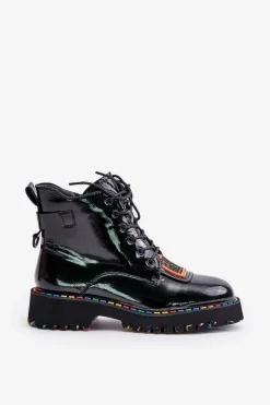 Damskie Artiker Lakierowane Botki Trapery Damskie Na Zamek Skórzane 55C0517 Czarne