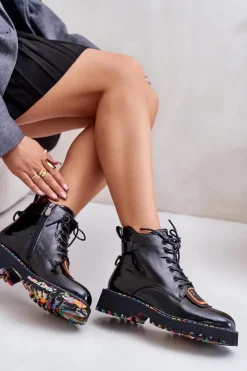 Damskie Artiker Lakierowane Botki Trapery Damskie Na Zamek Skórzane 55C0517 Czarne