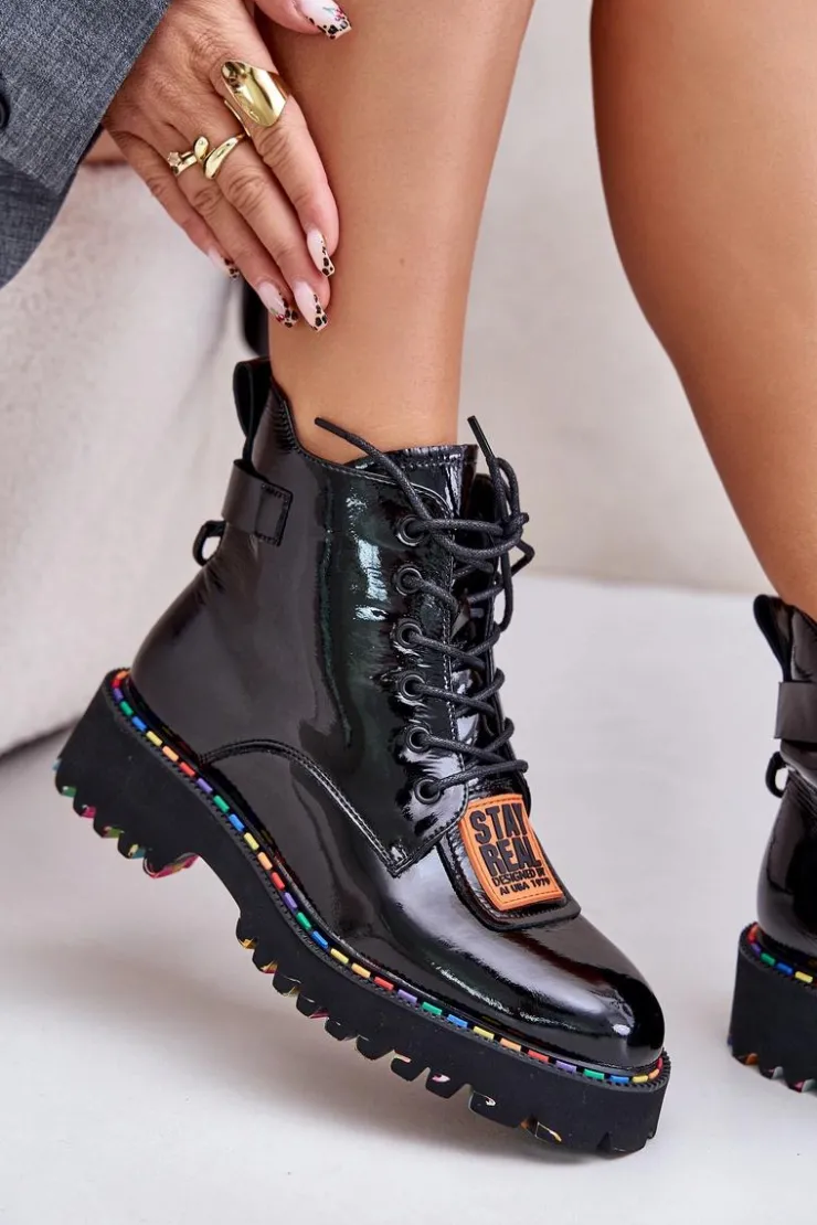 Damskie Artiker Lakierowane Botki Trapery Damskie Na Zamek Skórzane 55C0517 Czarne