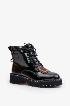 Damskie Artiker Lakierowane Botki Trapery Damskie Na Zamek Skórzane 55C0517 Czarne