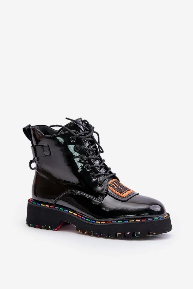 Damskie Artiker Lakierowane Botki Trapery Damskie Na Zamek Skórzane 55C0517 Czarne