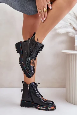 Damskie Artiker Lakierowane Botki Trapery Damskie Na Zamek Skórzane 55C0517 Czarne