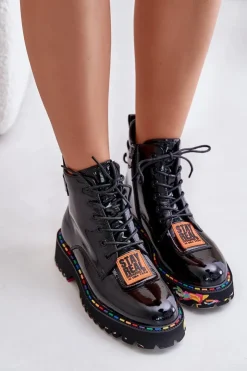 Damskie Artiker Lakierowane Botki Trapery Damskie Na Zamek Skórzane 55C0517 Czarne